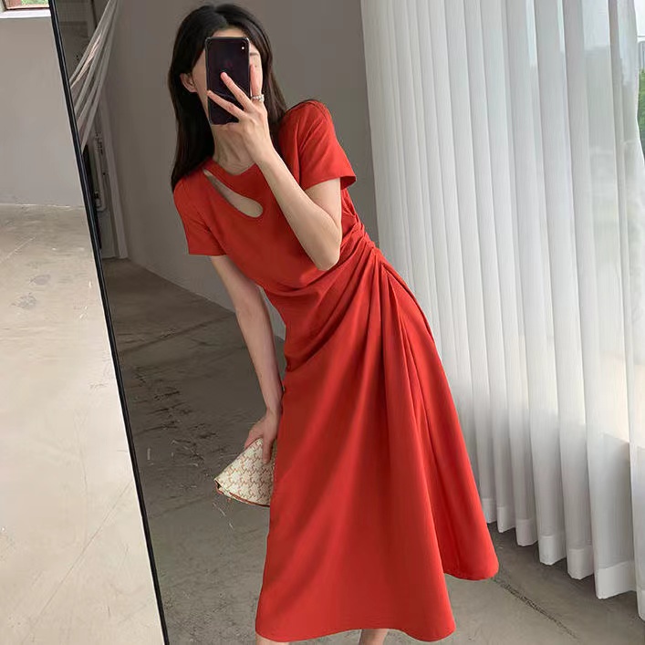 Đầm Midi Tay Ngắn In Họa Tiết Màu Vàng/Đỏ/Đen Phong Cách Hàn Quốc Thời Trang Sang Trọng Cho Nữ