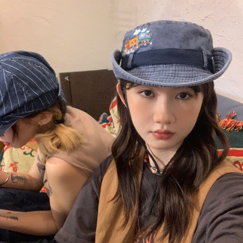 Mũ Cao Bồi Denim Mùa Hè Thêu Họa Tiết Có Dây Cho Thanh Thiếu Niên Phong Cách Hip Hop