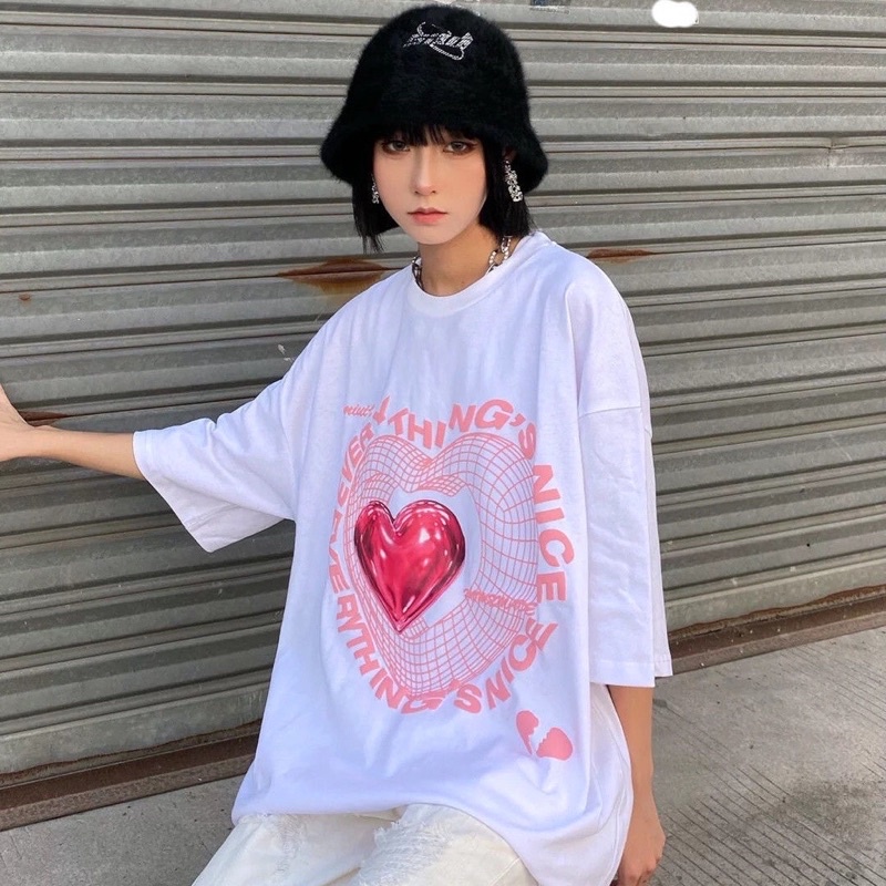 Áo thun unisex tay lỡ nam nữ form rộng Tim Heart Everything❤áo phông  cách in tim basic chất cotton giá rẻ đôi nhóm