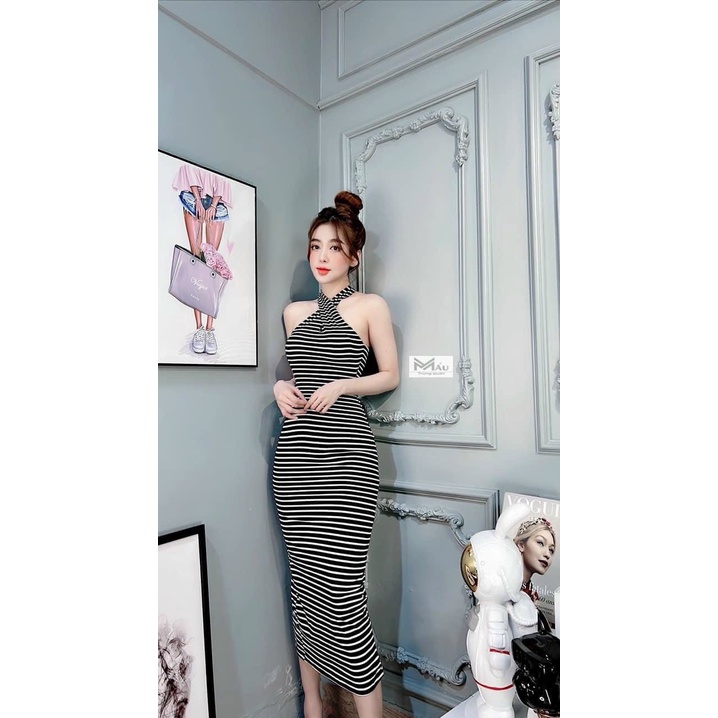Đầm yếm ôm body maxi sọc ngang hở lưng sexy cực hot , chất thun gân mềm mịn