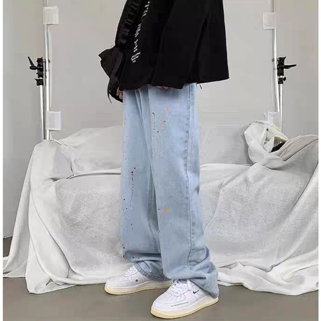 Quần jean nam baggy ống rộng vẩy sơn thời trang - quần bò nam - phong cách hàn quốc-Ống Suông Unisex