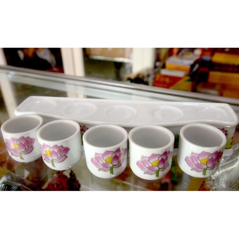Án năm-5 ly nước thờ cúng hoa sen ngũ sắc