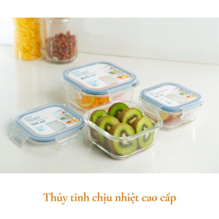 Hộp cơm thủy tinh đựng thức ăn văn phòng, thực phẩm vuông Inochi Nikko Nhật Bản chịu nhiệt, chia 1, 2, 3 ngăn Vapu HCM