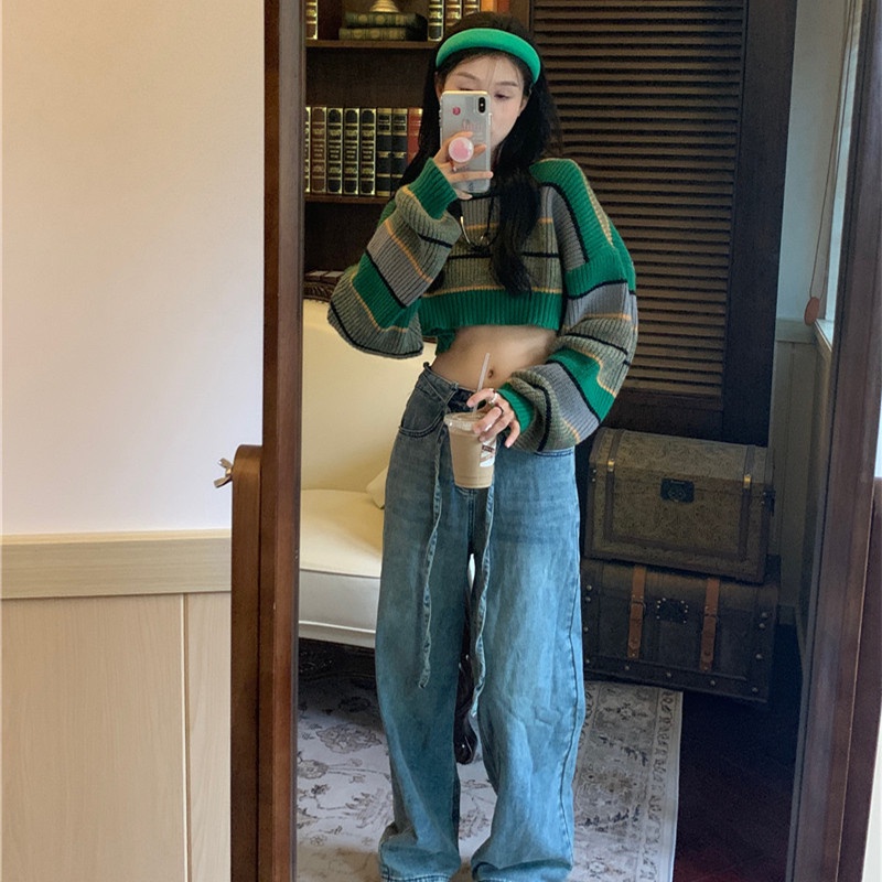 Áo Thun Lửng Tay Dài Họa Tiết Kẻ Sọc Thời Trang Mùa Thu Dễ Phối Đồ Cho Nữ