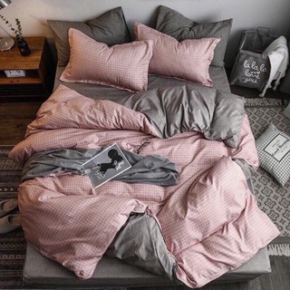 Bộ chăn ga gối kẻ hồng xám Cotton Poly nhập khẩu
