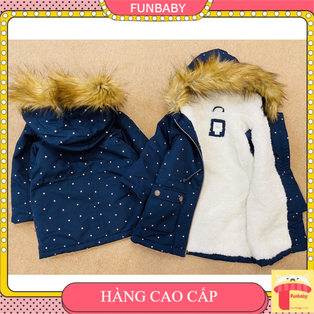 Áo khoác cho bé dáng dài 4-12 tuổi hình ngôi sao chít eo, Áo Parka bé gái bên trong lót lông hàng xuất khẩu xịn sò