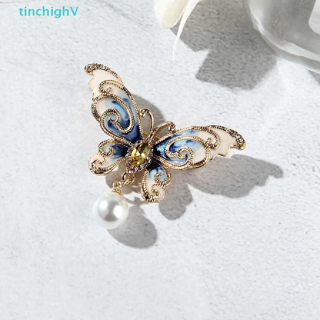 [TinchighV] Ghim Cài Áo Hình Bướm Tráng Men Đính Đá Ngọc Trai Thời Trang Dành Cho Nữ [Mới]