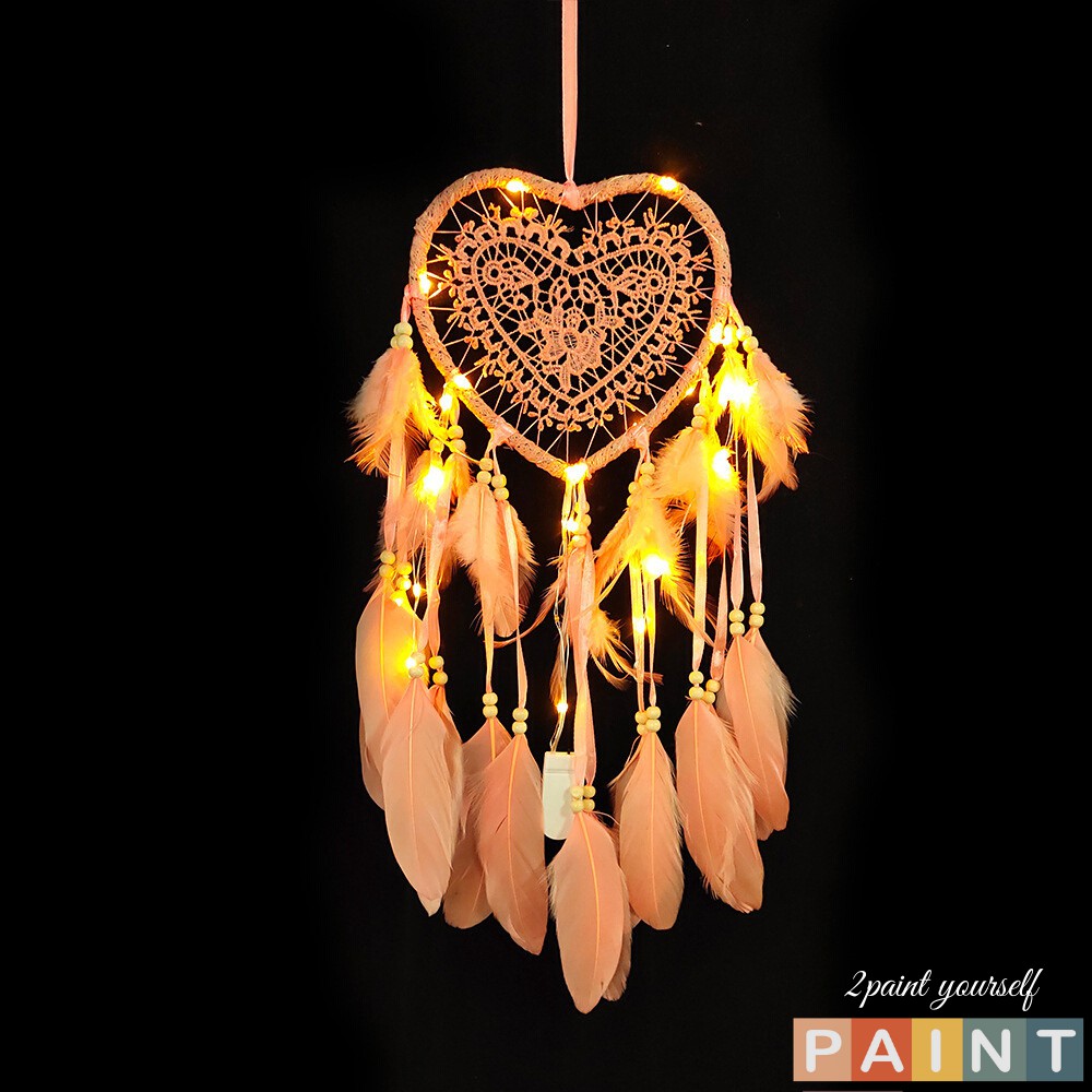 Dreamcatcher lông vũ gắn đèn hình tròn, Đèn led trang trí phòng ngủ treo tường 2PAINT
