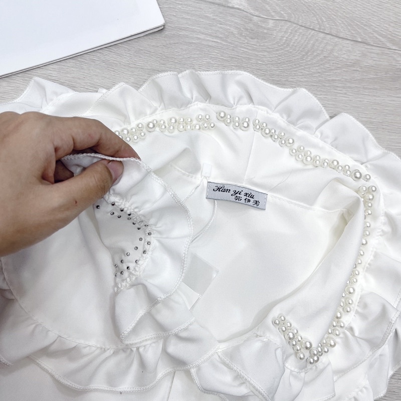 Áo sơ mi trắng cổ bèo đính ngọc áo trắng tiểu thư