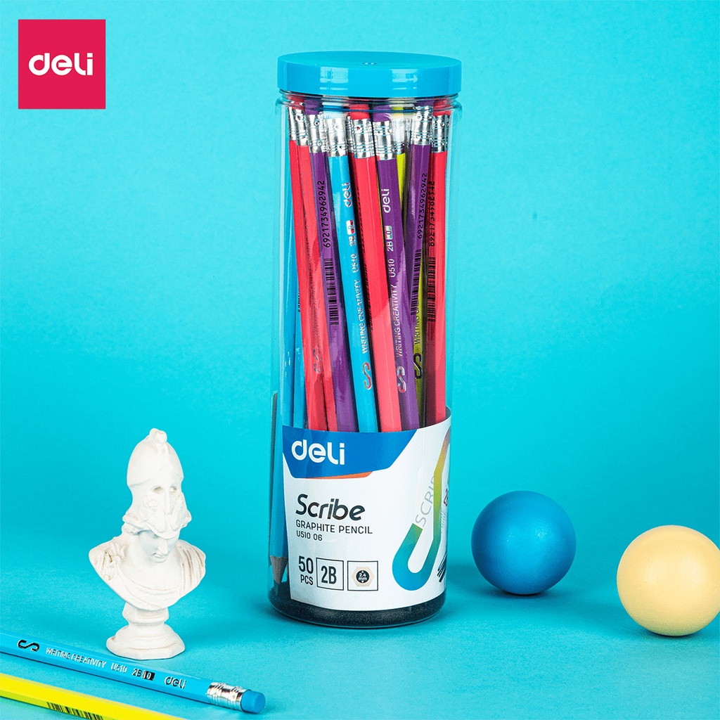 Hộp Bút chì lục giác 2B Nhiều màu Deli - 50 chiếc - Thân gỗ mềm, Dễ gọt, Kèm đầu tẩy tiện dụng, Đỏ, Xanh, Tím, Vàng