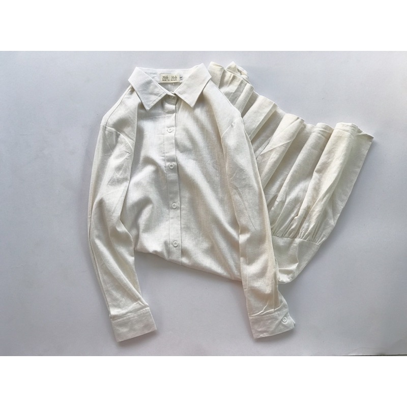 Đầm sơ mi linen babydoll trắng/hồng