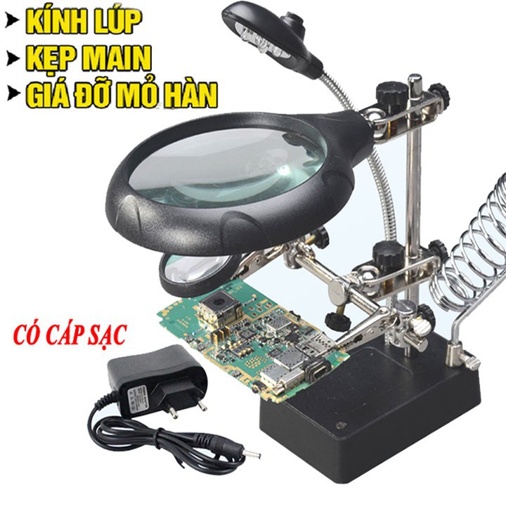 Kính lúp kẹp mạch điện 3 kính 5 đèn led gác mỏ hàn dùng nguồn AC-DC