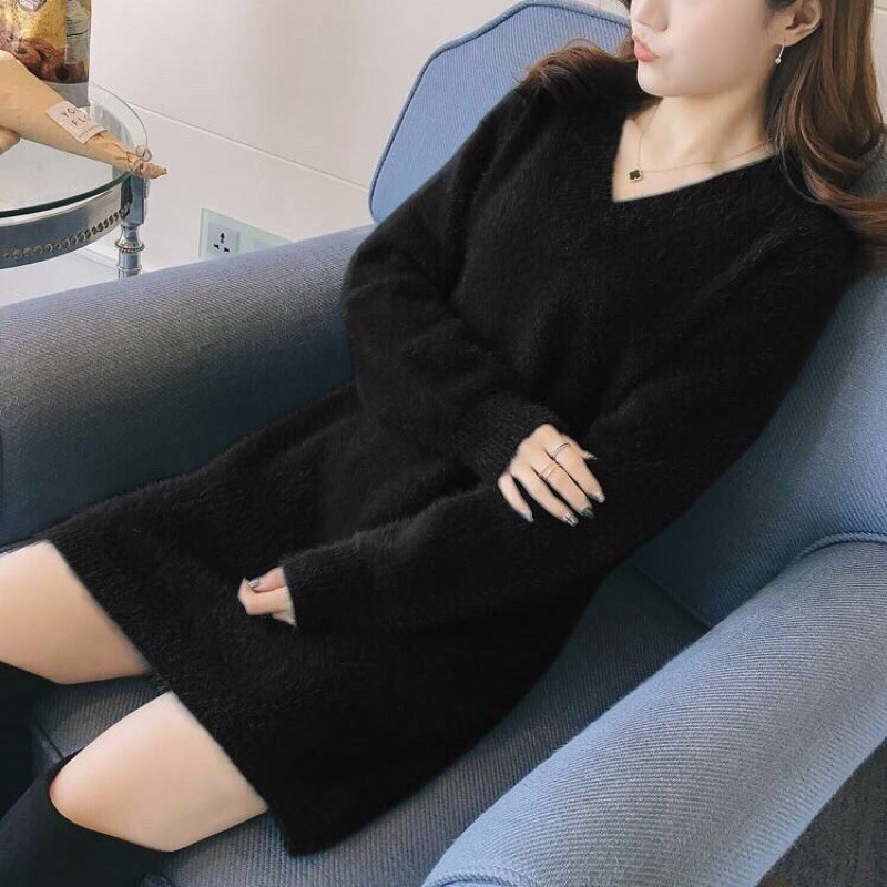 Áo Khoác Len Dệt Kim Dáng Rộng Cổ Chữ V Phối Lông Thời Trang