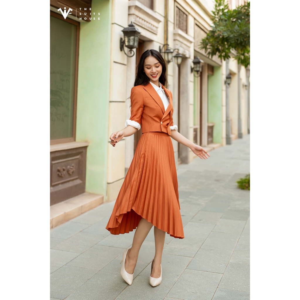 Bộ vest nữ cam phối chân váy xếp ly, suits chuẩn form, chất Wool The Suits House