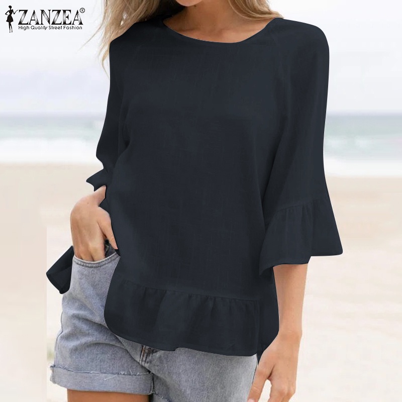 Áo Kiểu Cổ Tròn Tay 3/4 Nhún Bèo Màu Trơn Phong Cách Vintage ZANZEA Dành Cho Nữ