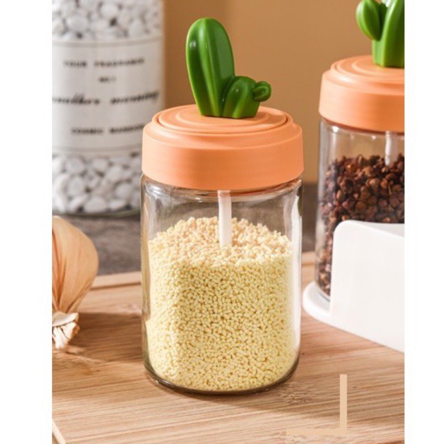 Bộ đựng gia vị nhà bếp nắp xương rồng, kèm thìa tiện dụng cao cấp dễ thương chống ẩm tuyệt đối [Haza Home Decor] | BigBuy360 - bigbuy360.vn