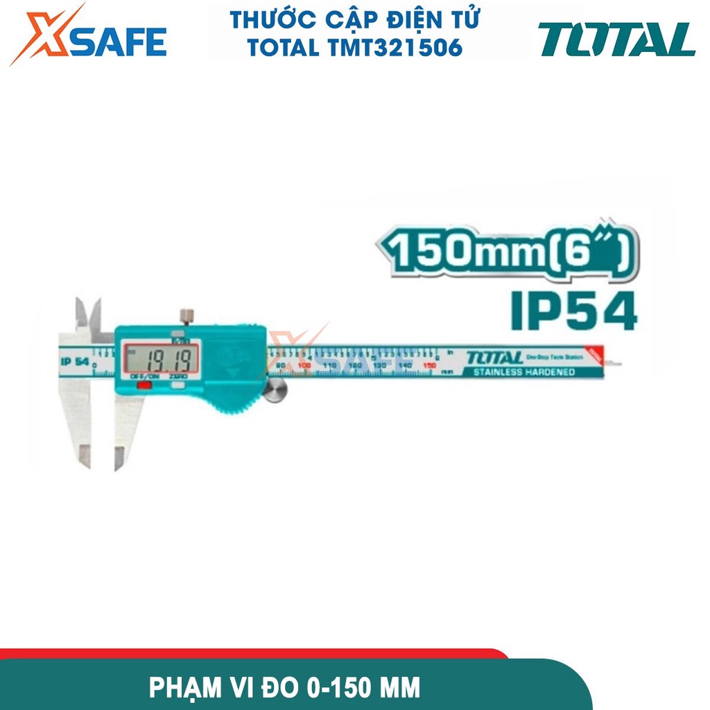 Thước kẹp điện tử TOTAL TMT321506 phạm vi đo 0-150mm, hợp kim thép không gỉ, hệ mét/inch, pin 3V - chính hãng