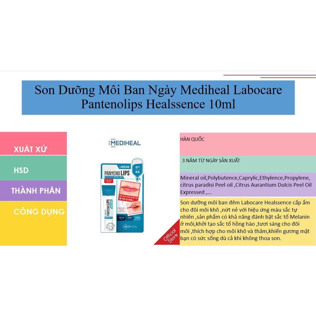 Son dưỡng ẩm, làm hồng môi Mediheal Labocare Pantenolips Healssence Xanh đỏ cam 10ml chính hãng công ty có hóa đơn