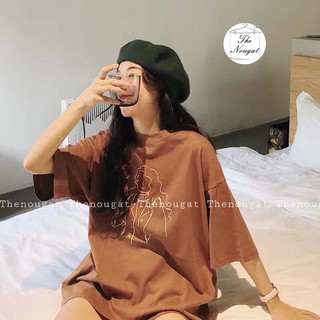 Áo phông thun cotton 2 màu nâu be dáng suông rộng