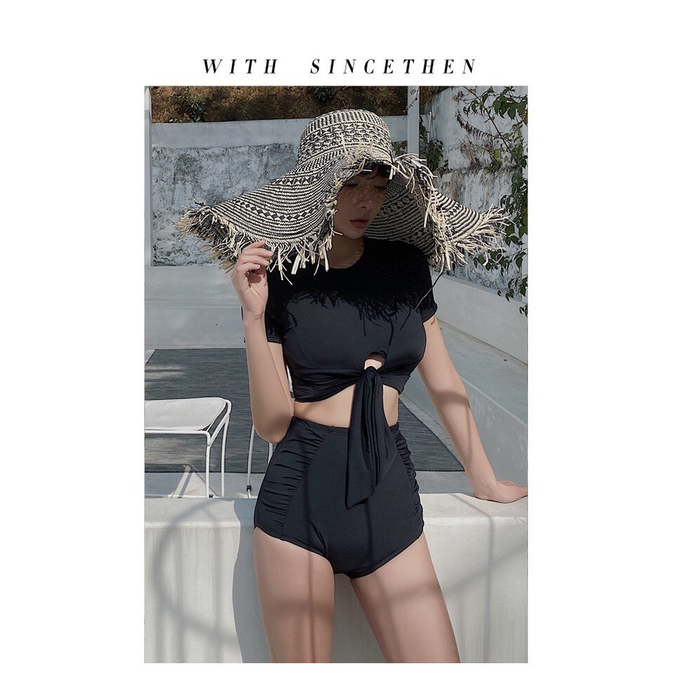 Bikini 2 mảnh áo tay ngắn cột nơ bụng mix quần nhún 2 bên hông kín đáo, chất liệu co dãn thoải mái