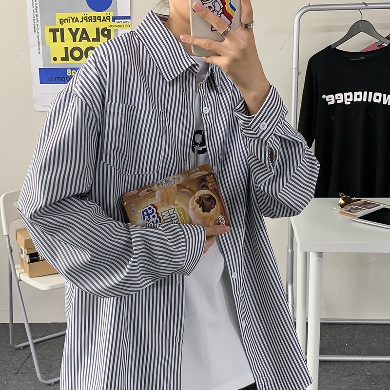 Áo Sơ Mi Tay Dài Thiết Kế Dáng Rộng Họa Tiết Kẻ Sọc Phong Cách Hàn Quốc Thời Trang Xuân Hè Cho Nam