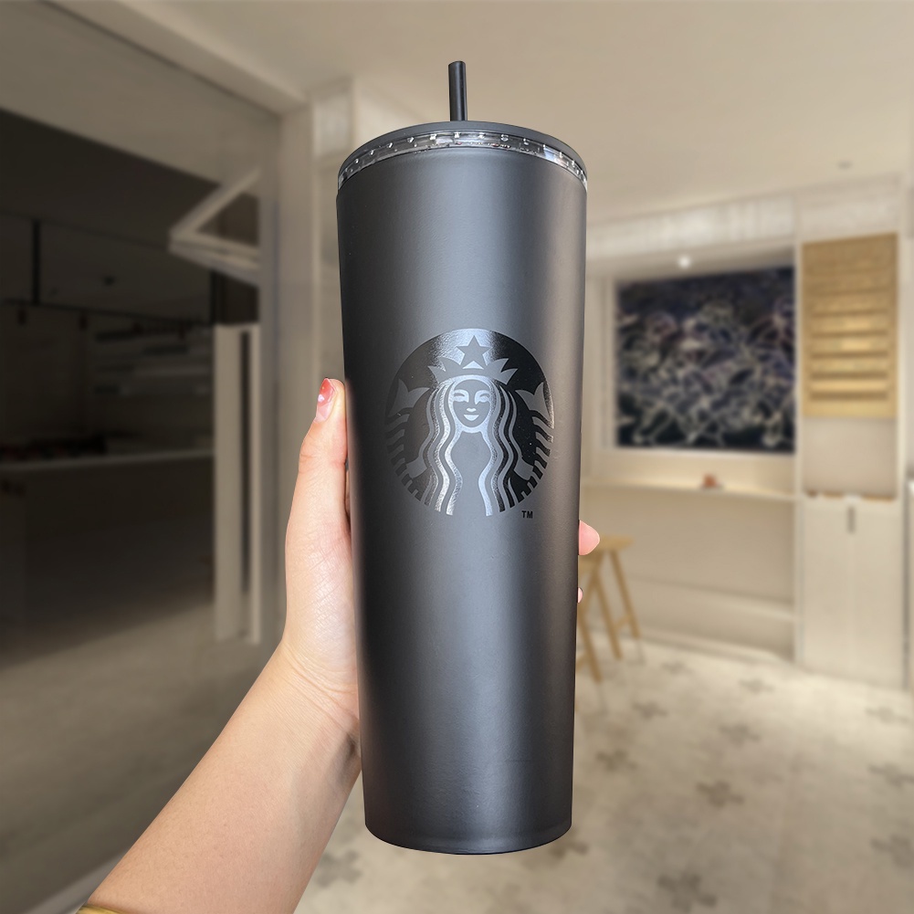 Cốc nước họa tiết logo Starbucks hai lớp màu đen nhám có ống hút