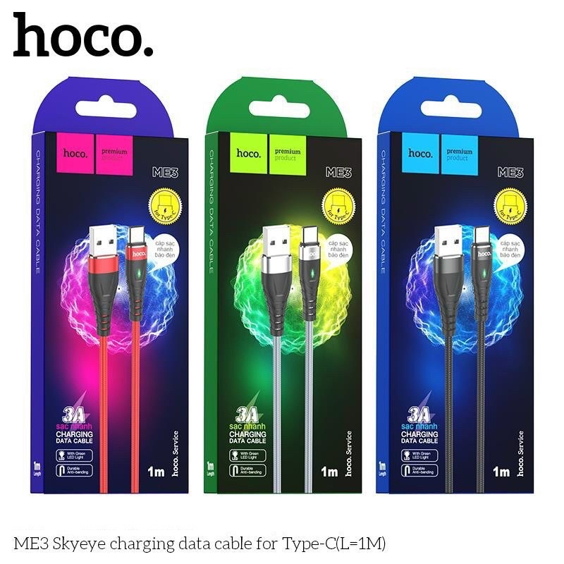 Cáp sạc nhanh báo đèn Hoco ME3 Micro,chân IP,Type-C 1 met Hàng sẵn tại TPHCM)