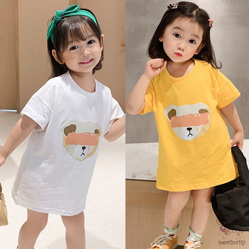 Đầm thun tay ngắn in họa tiết hoạt hình phong cách Hàn Quốc cho bé gái