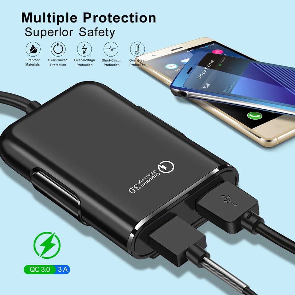 Tẩu sạc ô tô nhanh có dây kéo dài tích hợp bộ cấp nguồn điện cho hàng ghế sau Qualcomm cao cấp