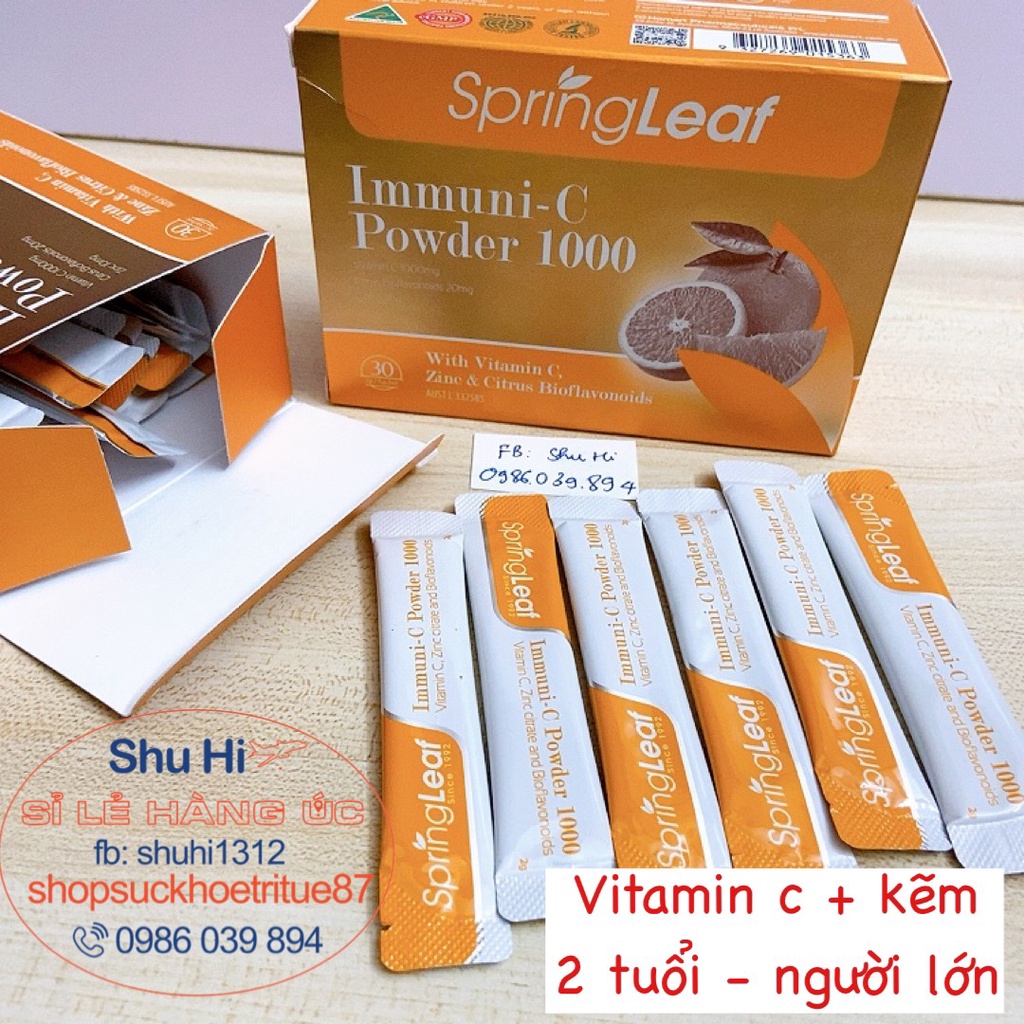 Vitamin c và kẽm cho bé từ 2 tuổi và người lớn dạng bột hộp 30 gói, spring leaf immuni c powder úc