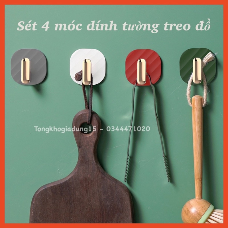 Sét 4 Móc Treo Đồ 4 Màu Dán Tường Tự Dính Không Cần Khoan Đa Năng