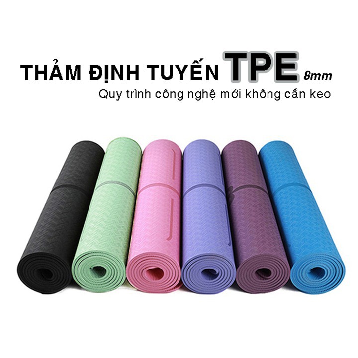 Thảm Tập Yoga Gym TPE 8MM Định Tuyến Cao cấp Siêu bền Chống trơn trượt Tặng Dây buộc tập thể dục tại nhà