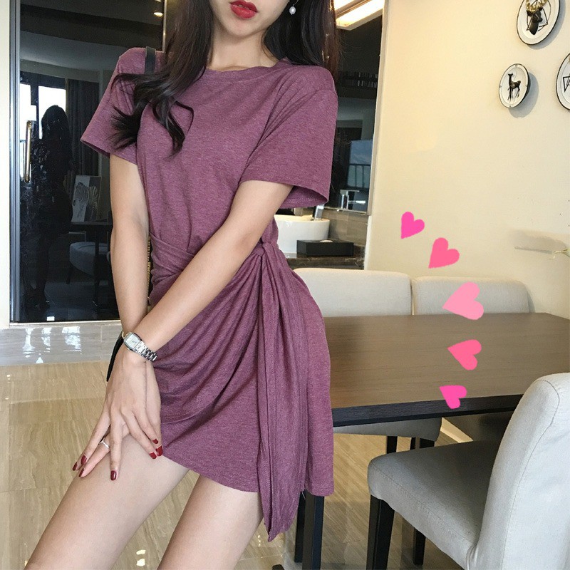 Váy Nữ Đầm Tay Ngắn Cổ Tròn Phong Cách Hàn Quốc Cho Nữ