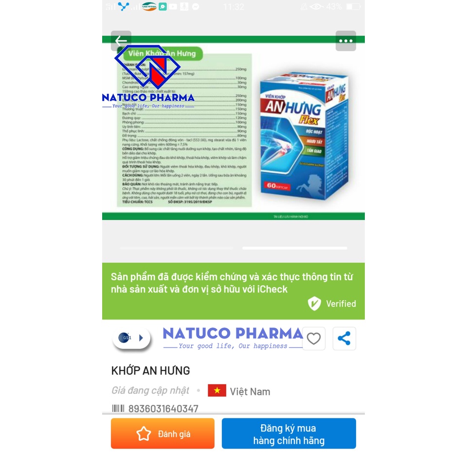 Viên khớp An Hưng Flex - thành phần Glucosamin kết hợp thảo dược giúp giảm đau khớp, thoái hóa khớp, viêm khớp - Hộp 60v
