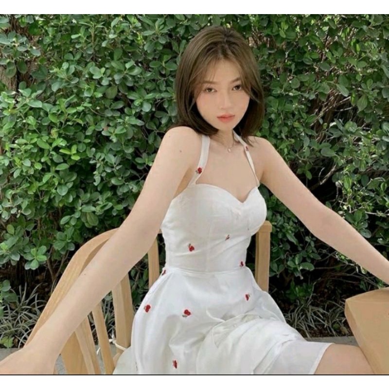 Đầm 2S họa tiết cherry nhí kèm áo khoác gân phong cách Hàn Quốc