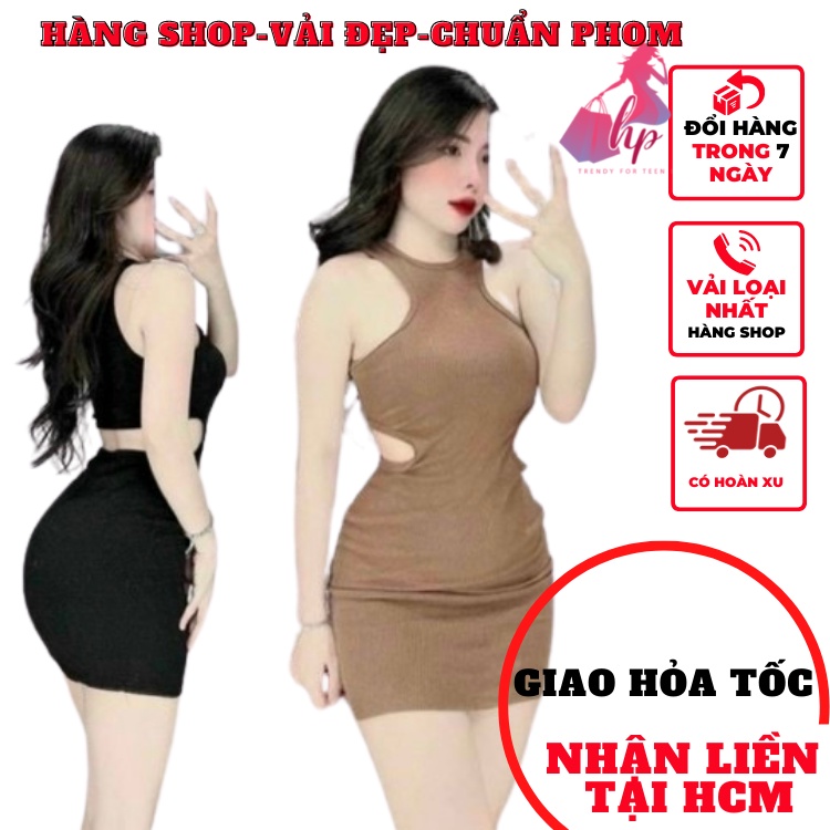 Váy đầm khoét hở eo lưng nữ 3 lỗ sát nách dáng ngắn ôm body thun gân mịn dự tiệc sang chảnh thời trang sexy alohashop91