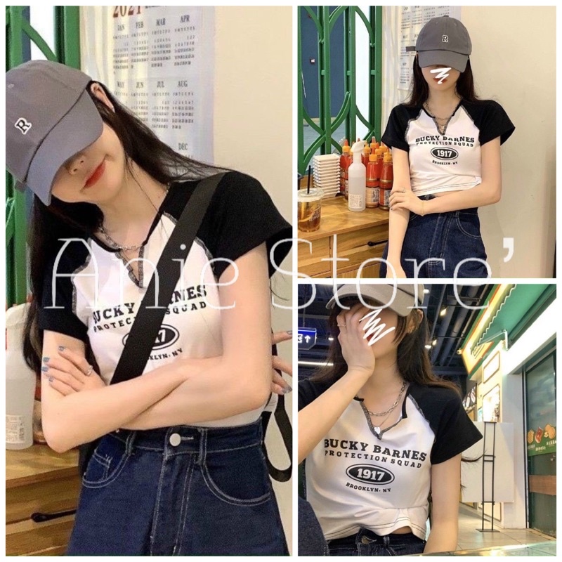 Áo Croptop Nữ 1917 Tay Phối Cổ V 🦋 Áo Thun Nữ Cộc Tay Chỉ Nổi 🦋