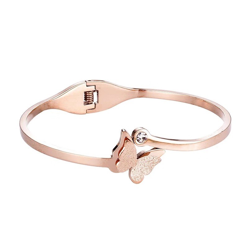 Vòng Tay Thép Titan Mạ Vàng Hồng 18K Mặt Hình Bướm Ba Chiều Đính Đá Màu Sắc Chống Nước Chống Trượt Phong Cách Nhật Hàn