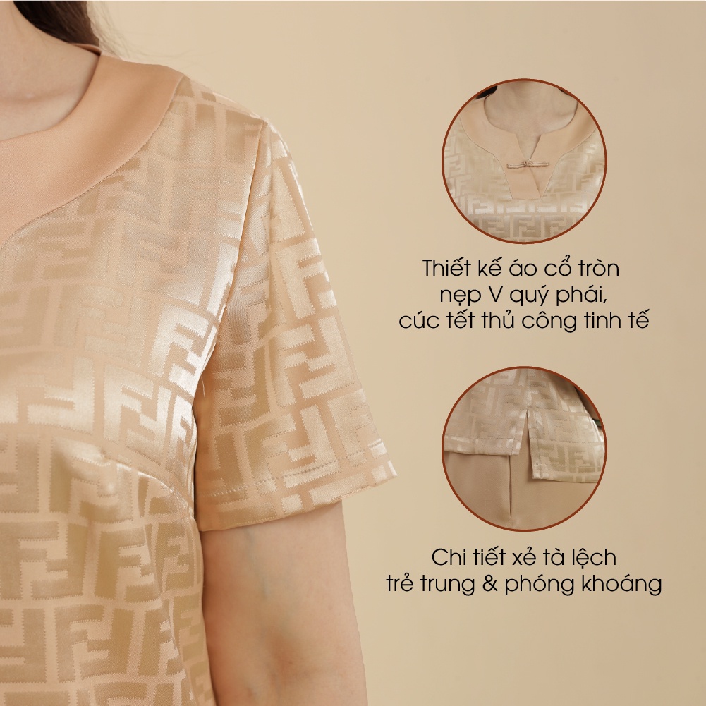 Đồ Bộ Trung Niên Lụa Việt Cao Cấp ANCHI B07 Vàng, Bộ Mặc Nhà Nữ Sang Trọng Cho Mẹ