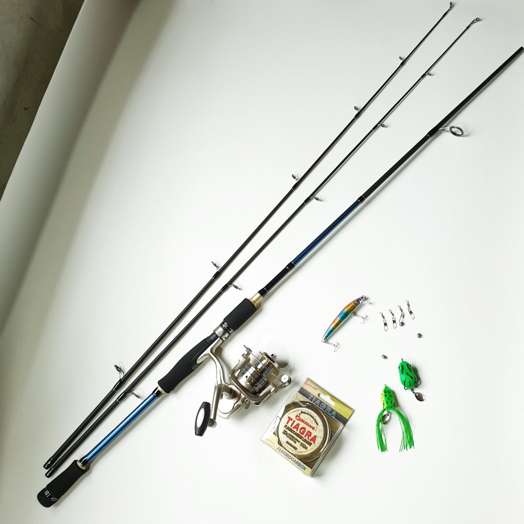 Bộ Cần Câu Lure máy đứng Shimano 2 ngọn + máy câu cá yolo TFB 3000 kim loại + cước câu cá + 3 mồi câu lure + phụ kiện sh