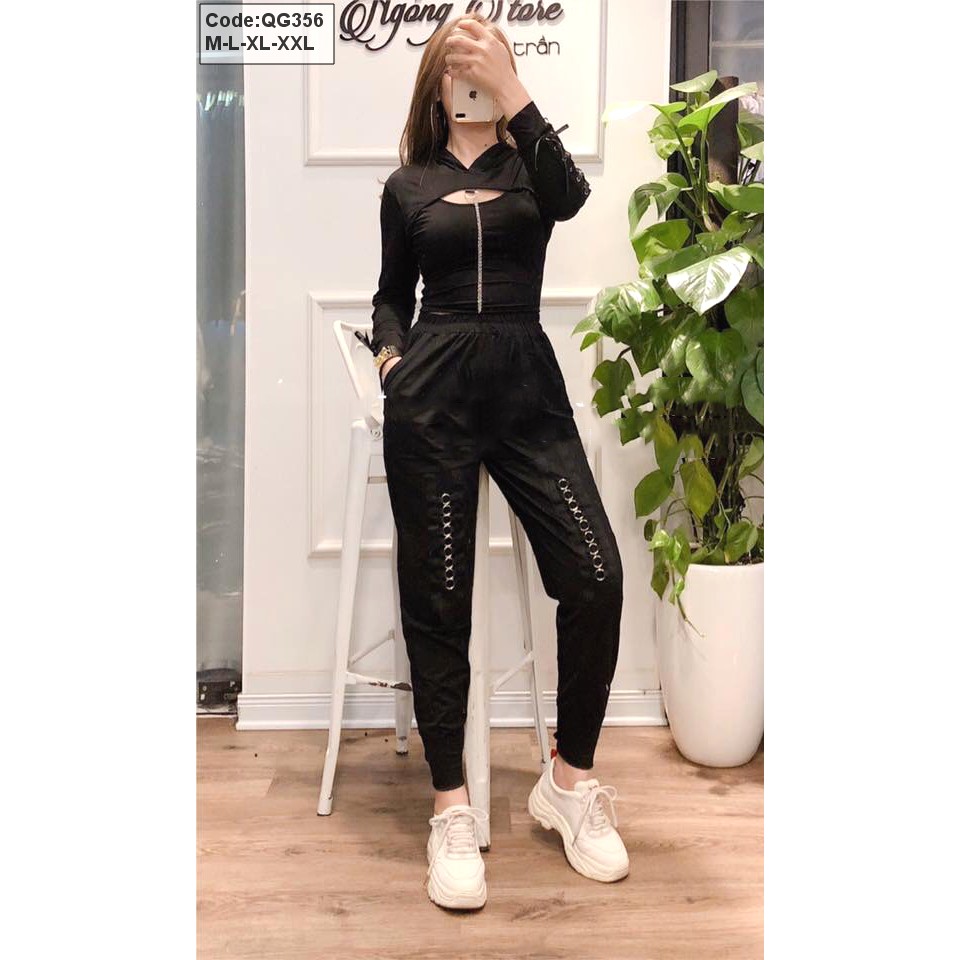 [PansyRita Shop] Quần jogger màu đen phối xích cao cấp