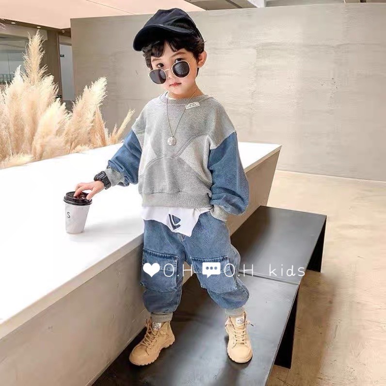 Bộ đồ bò bé trai gái thu đông nỉ da cá phong cách Hàn Quốc