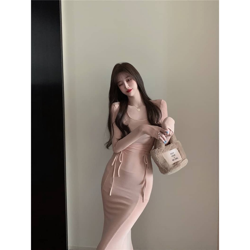 Váy thu đông cổ vuông dáng dài rút eo váy body đuôi cá siêu sang chảnh