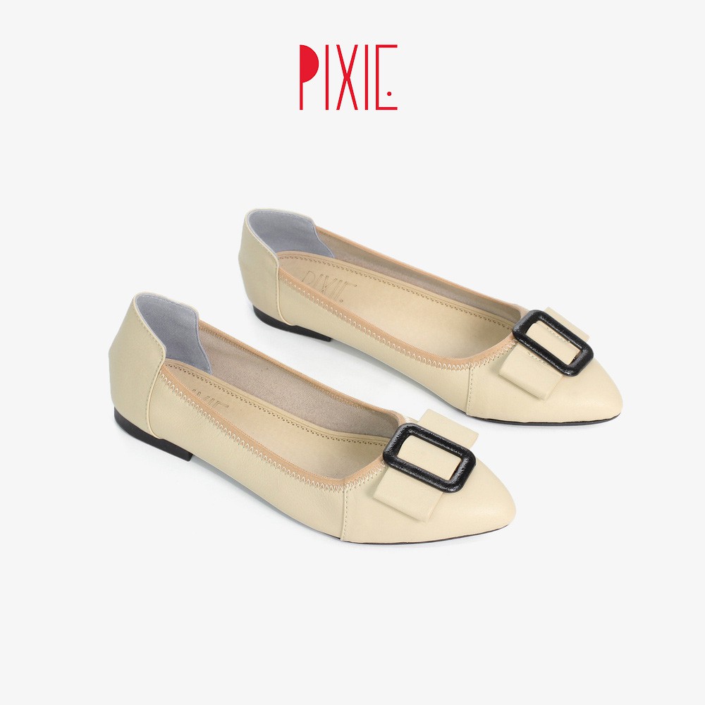 Giày Búp Bê Da Đế Mềm Khóa Vuông Màu Kem Pixie P243