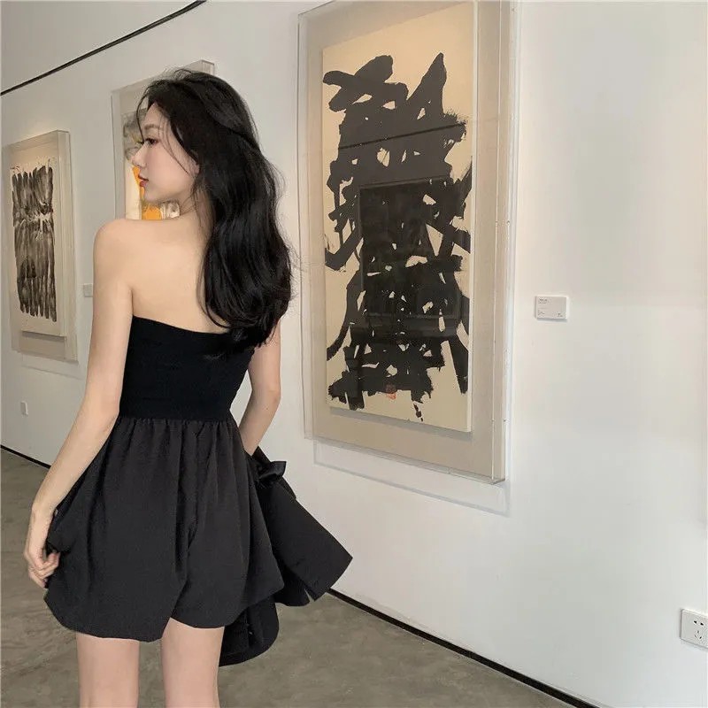 [MURIOKI] Đầm Mini Trễ Vai Eo Cao Màu Trắng Đen Phong Cách Hàn Quốc Gợi Cảm Cho Nữ