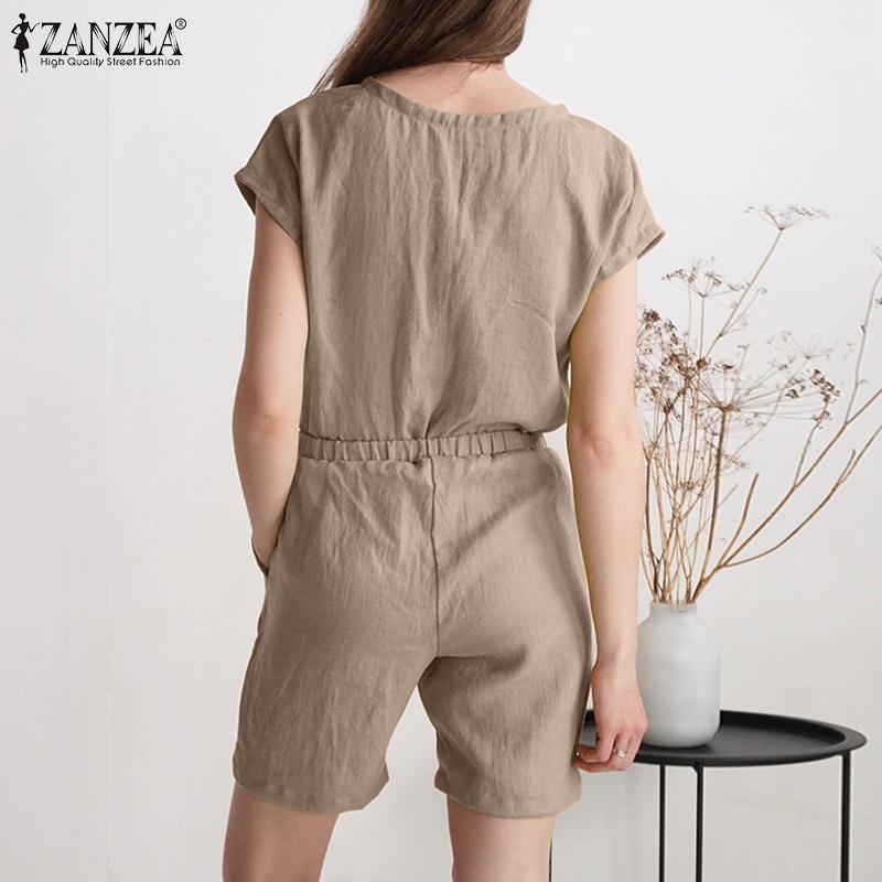 Áo liền quần Zanzea ngắn tay cổ chéo eo co giãn phối túi thời trang Châu Âu cho nữ