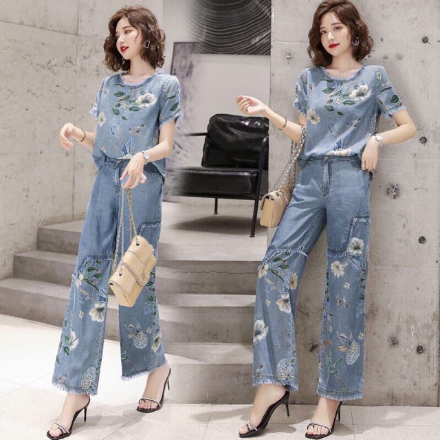 Set jean nữ cao cấp thiết kế phối hoa trẻ trung năng động QCNP1866