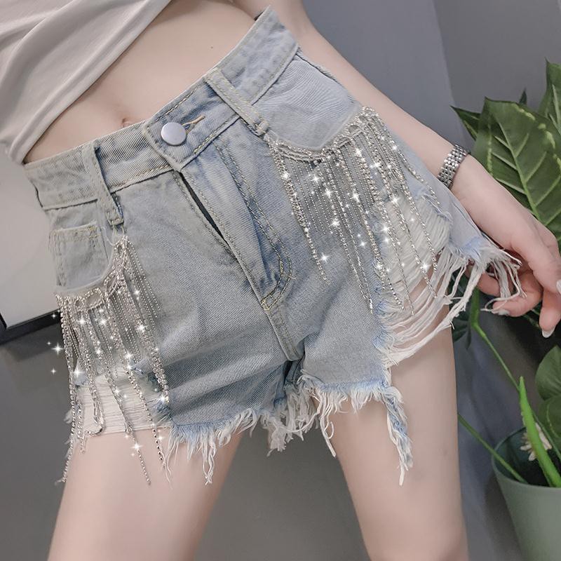 Quần Short Denim Lưng Cao Đính Đá Phối Tua Rua Thời Trang Mùa Hè Cho Nữ 2021