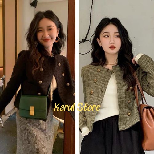 Áo khoác dạ tweed khuy đồng dáng ngắn dài tay hàng Quảng Châu