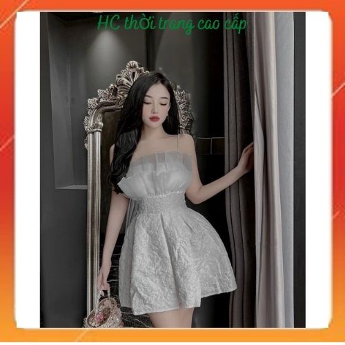 Đầm công chúa thiết kế xốp vân hàn hoa 3D phối 2 dây _ Váy đẹp dự tiệc sang trọng